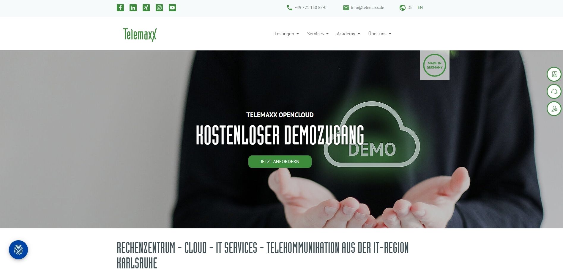 TelemaxX Webseite im Browser geöffnet