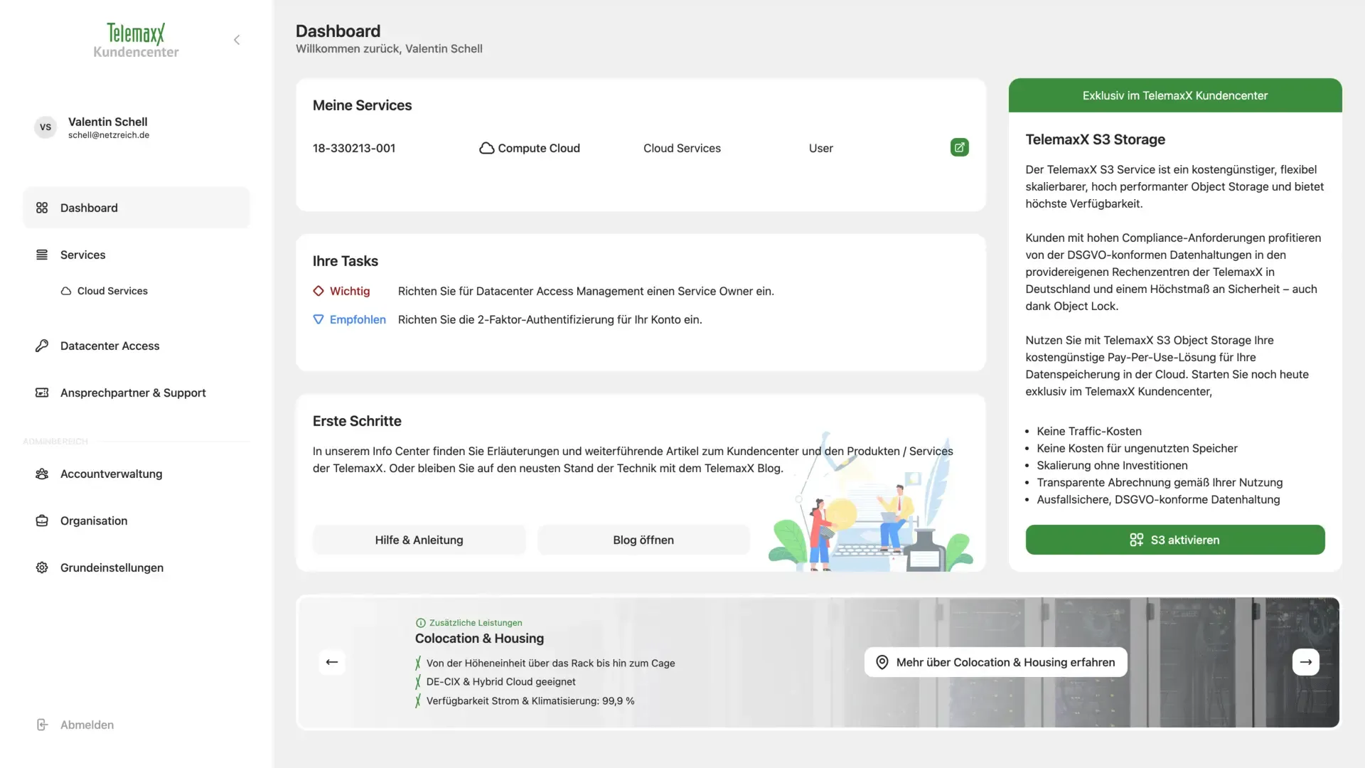 TelemaxX Kundencenter Dashboard