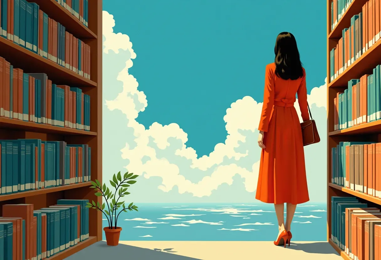 Frau in rotem Kleid in einer Bibliothek