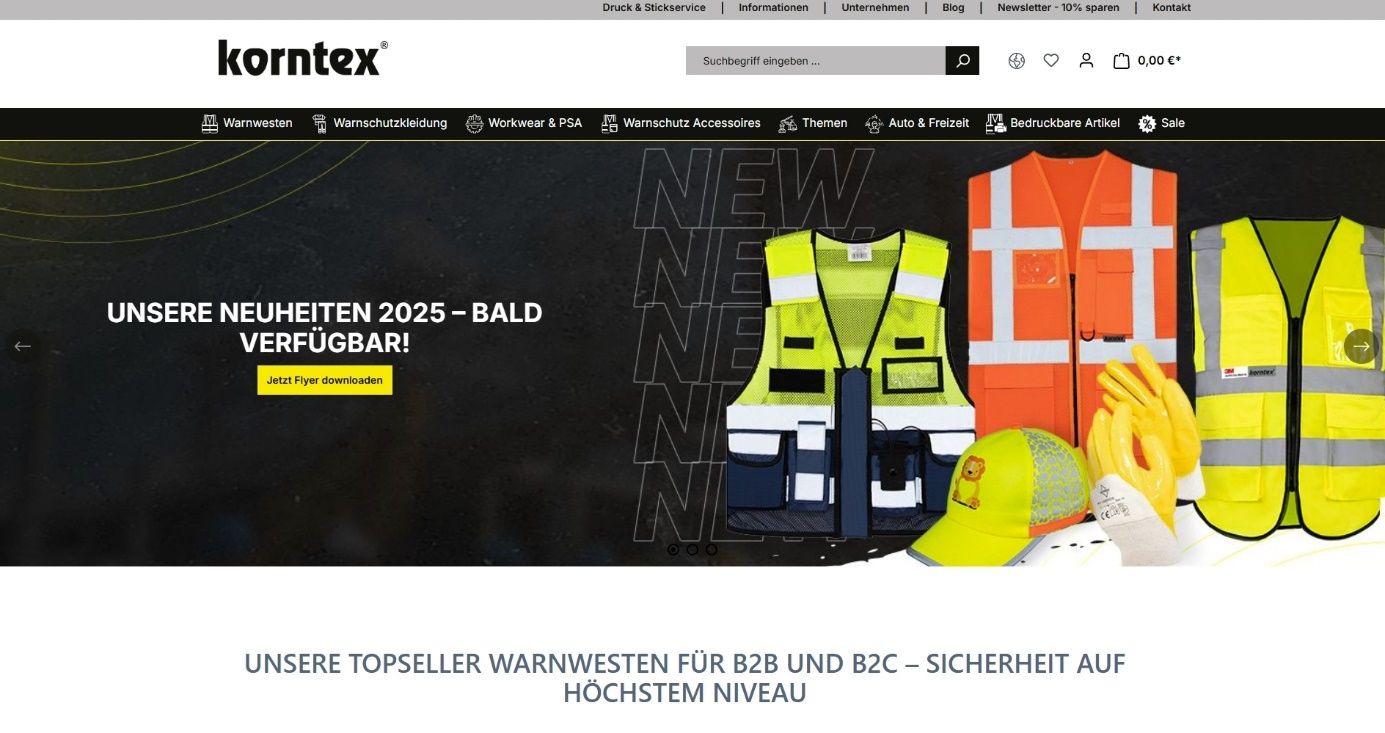 Korntex Onlineshop im Browser geöffnet