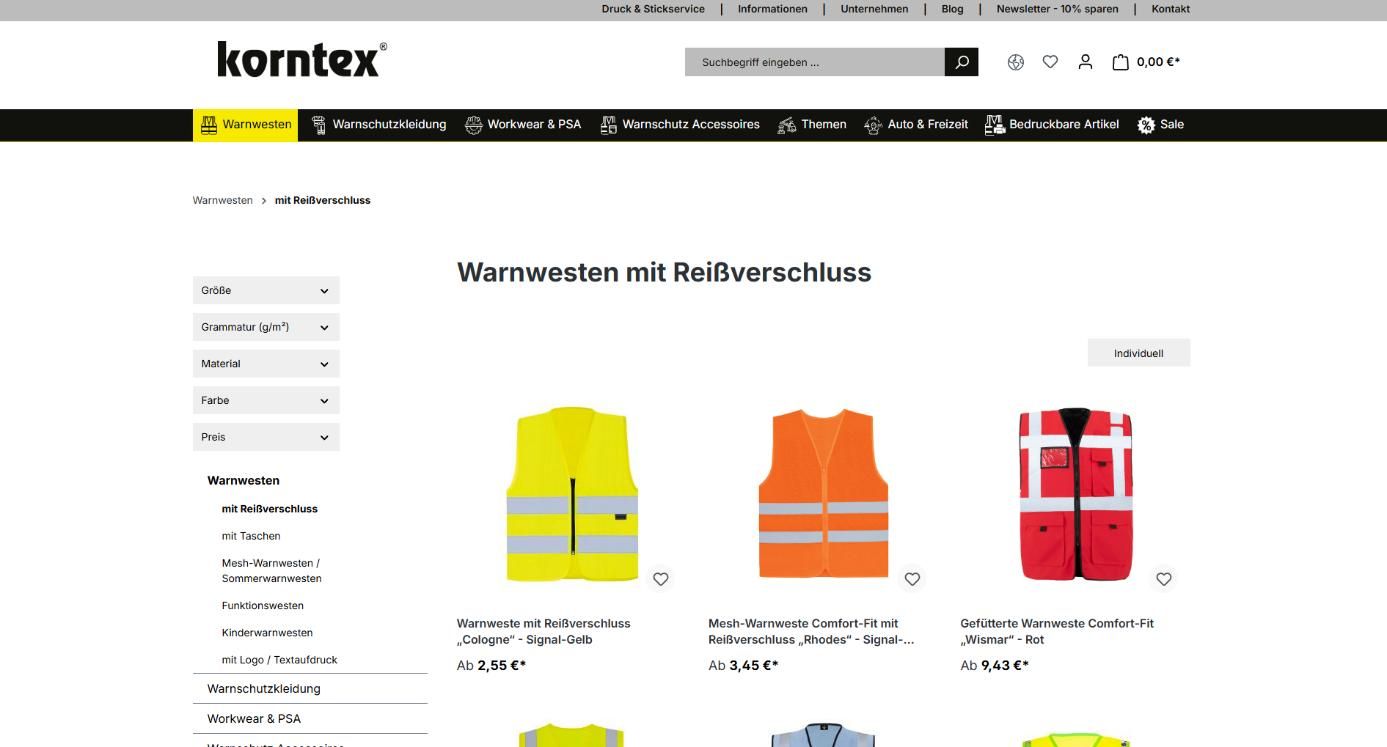 Korntex Onlineshop im Browser geöffnet
