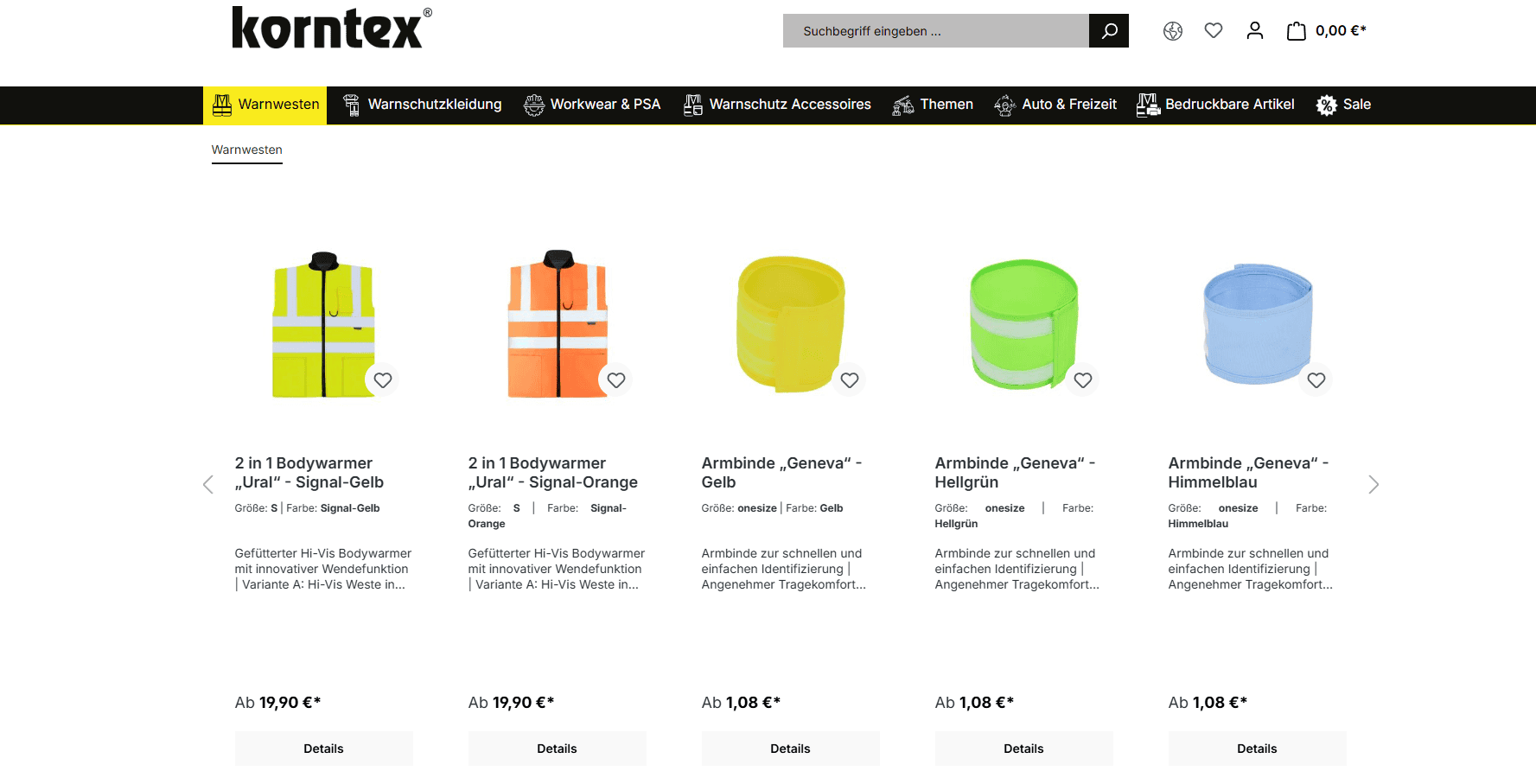 Korntex Onlineshop im Browser geöffnet
