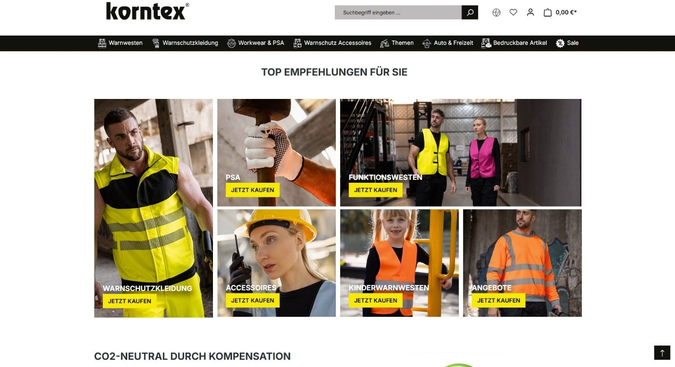Korntex Onlineshop im Browser geöffnet