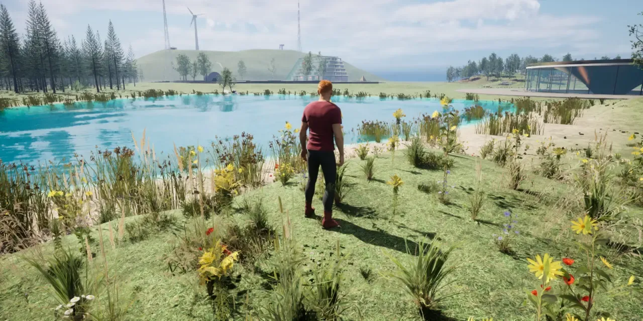 netmaxX Avatar an einem Teich mit Gebäuden im Hintergrund