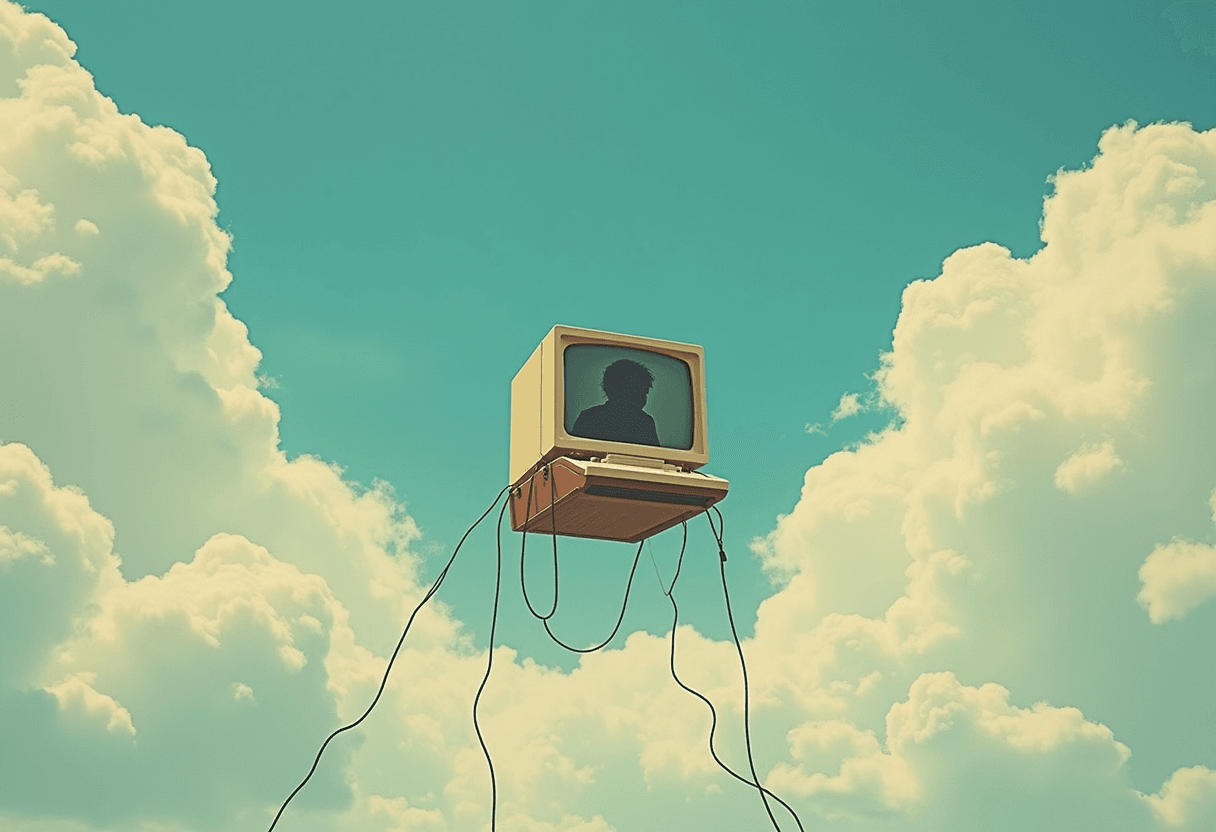 Computer schwebt in hellblauen Himmel