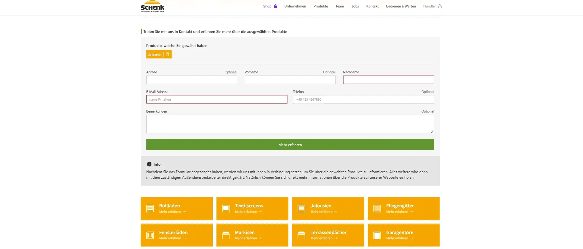 Schenk Guided Selling App im Browser geöffnet